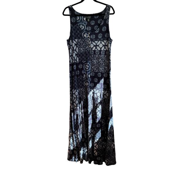 Lauren Ralph Lauren Vintage Tie Dye Maxi Dress Blue Geo-Print Sleeveless Sz L - Picture 1 of 7